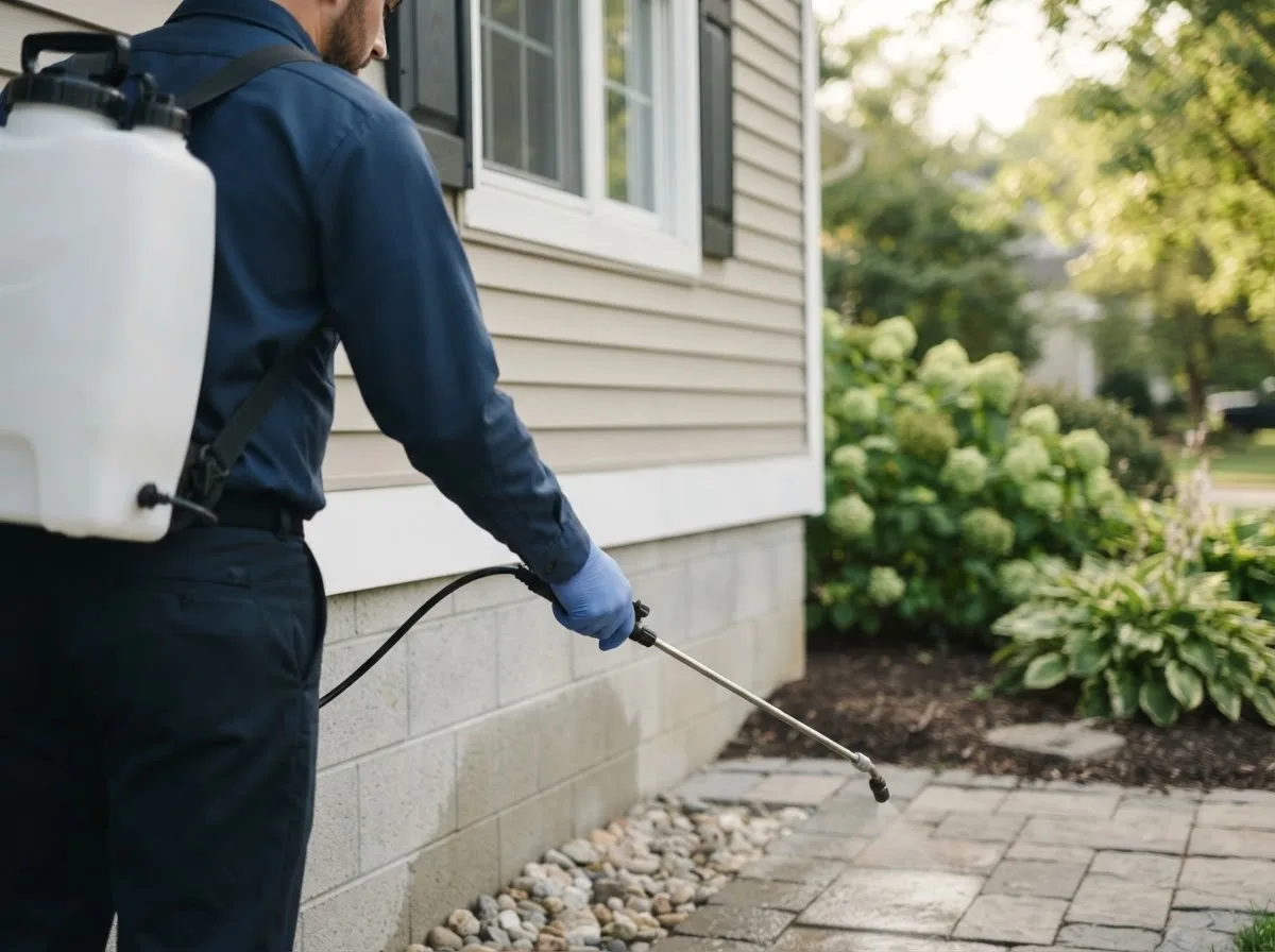 Pest control technician inspecting a home in East Springfield, NY
